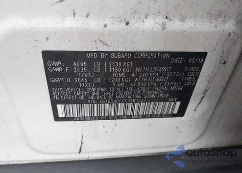 2019 Subaru Outback 2.5I z USA, uszkodzony, nr VIN 4S4BSABC0K3361547